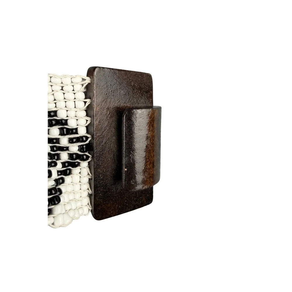 Vintage Beaded Belt Black White Geometric Diamond Seed Bead Wood Buckle 42 in